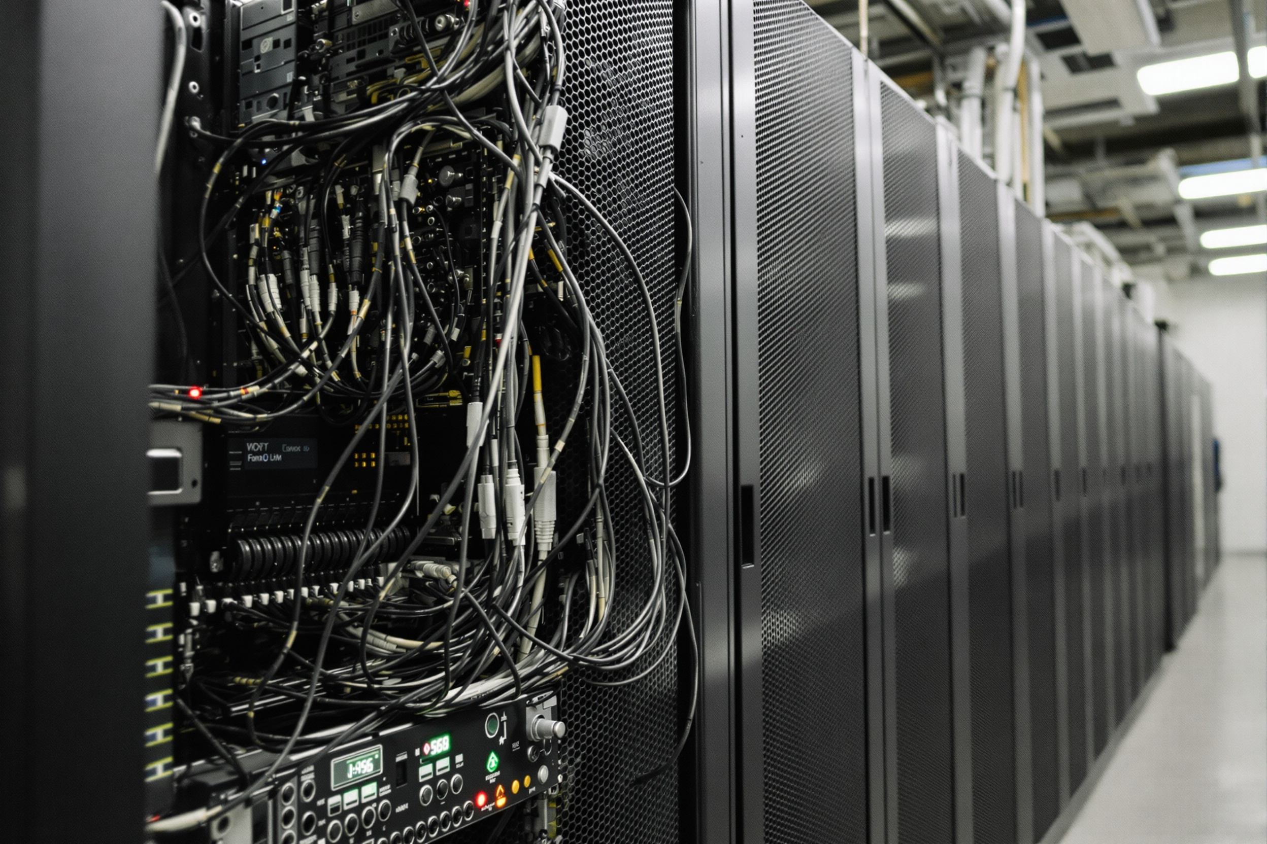 A dark enterprise data hall aisle, server racks lit by cool status lights
